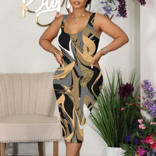 1 Piece Customized Casual Printed Square Neck Sleeveless Midi Dresses