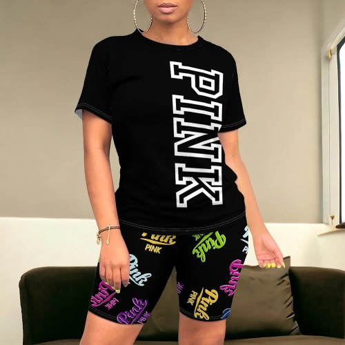 Casual Print Letter Two Piece Short Set