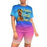 Casual Print Letter Two Piece Short Set