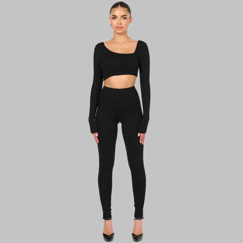 Autumn Two-piece Solid Ribbed Thread Long Sleeve Casual Matching Set