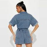 High Elastic Short Sleeve Loose Washed Denim Romper
