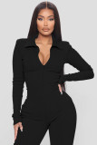 Solid Turndown Neck Pit Zip Up V-neck Jumpsuit