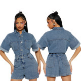 High Elastic Short Sleeve Loose Washed Denim Romper