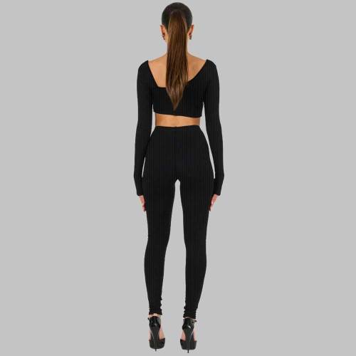 Autumn Two-piece Solid Ribbed Thread Long Sleeve Casual Matching Set