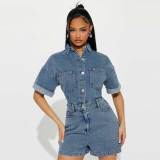 High Elastic Short Sleeve Loose Washed Denim Romper