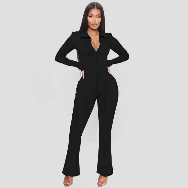 Solid Turndown Neck Pit Zip Up V-neck Jumpsuit