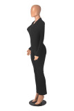 Solid Turndown Neck Pit Zip Up V-neck Jumpsuit
