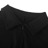 Solid Turndown Neck Pit Zip Up V-neck Jumpsuit