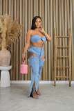 Sexy Zipper Strapless Tube Bra Tops And Cut-Out Pants Denim Matching Sets