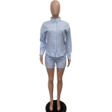 Casual Striped Button Lapel Two-piece Women Clothings