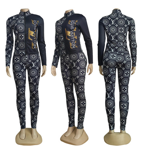 Casual Printed High Neck Zipper Sweatshirts Set