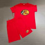 Summer High Quality Cotton Mens Print O Neck Short Sweatshirt Set