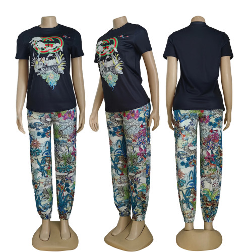 Casual Printed Short Sleeve Blouse Cropped Legs Long Pants