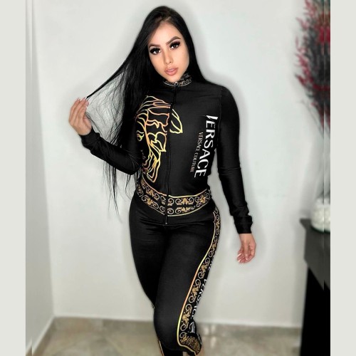 Casual Printed High Neck Zipper Sweatshirts Set
