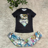 Casual Printed Short Sleeve Blouse Cropped Legs Long Pants