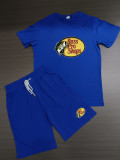 Summer High Quality Cotton Mens Print O Neck Short Sweatshirt Set