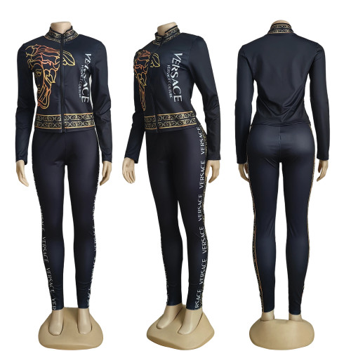Casual Printed High Neck Zipper Sweatshirts Set