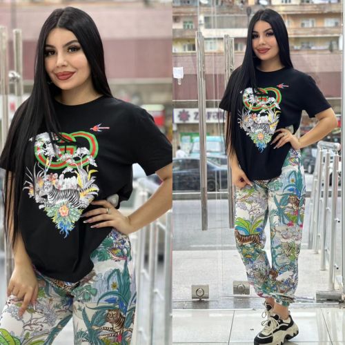 Casual Printed Short Sleeve Blouse Cropped Legs Long Pants