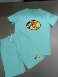 Summer High Quality Cotton Mens Print O Neck Short Sweatshirt Set