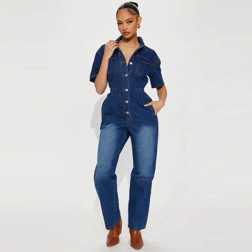 Slim Elastic Short Sleeve Skinny Washed Denim Jumpsuit