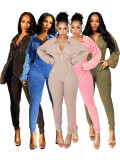 Solid Washed Distressed Deep V Long Sleeve Jumpsuit
