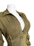 Solid Washed Distressed Deep V Long Sleeve Jumpsuit