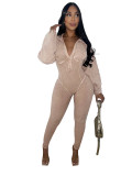 Solid Washed Distressed Deep V Long Sleeve Jumpsuit