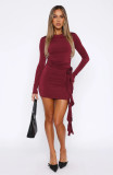 Solid Color Round Neck Splicing Ribbon Match Nightclub Bodycon Dress