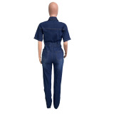 Slim Elastic Short Sleeve Skinny Washed Denim Jumpsuit