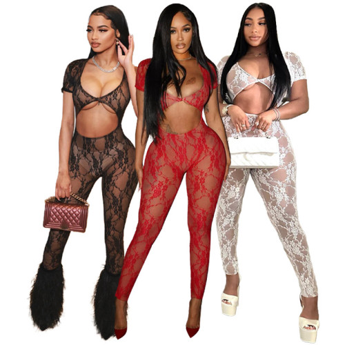 Sexy See Through Lace Navel-Baring Hollow Out Jumpsuit