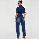 Slim Elastic Short Sleeve Skinny Washed Denim Jumpsuit