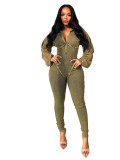 Solid Washed Distressed Deep V Long Sleeve Jumpsuit