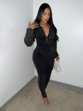Solid Washed Distressed Deep V Long Sleeve Jumpsuit
