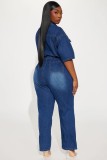Slim Elastic Short Sleeve Skinny Washed Denim Jumpsuit