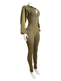 Solid Washed Distressed Deep V Long Sleeve Jumpsuit