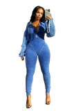 Solid Washed Distressed Deep V Long Sleeve Jumpsuit