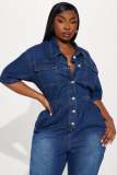 Slim Elastic Short Sleeve Skinny Washed Denim Jumpsuit