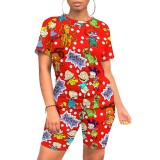 Casual Digital Printing O Neck Two Piece Short Set