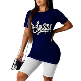 Casual Digital Printing Letter O Neck Two Piece Short Set