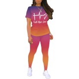 Casual Digital Printing Letter O Neck Two Piece Pant Set