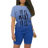 Casual Digital Printing Letter O Neck Two Piece Short Set