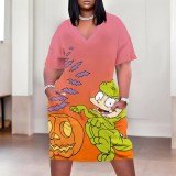 Custom Large Size Casual Printed Outfits V Neck Midi Dress