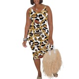Custom Casual Printed V Neck Straps Midi Dress