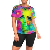 Casual Digital Printing O Neck Two Piece Short Set