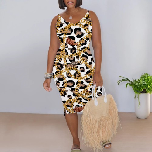 Custom Casual Printed V Neck Straps Midi Dress