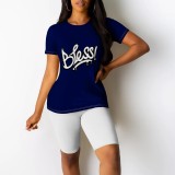 Casual Digital Printing Letter O Neck Two Piece Short Set