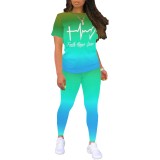 Casual Digital Printing Letter O Neck Two Piece Pant Set