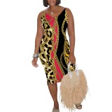 Custom Casual Printed V Neck Straps Midi Dress