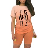 Casual Digital Printing Letter O Neck Two Piece Short Set