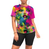 Casual Digital Printing O Neck Two Piece Short Set